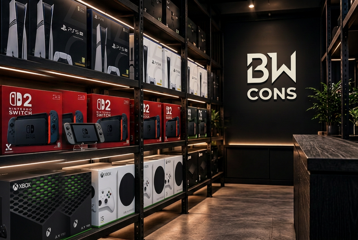 Spillekonsoller showroom image with multiple console types and BW CONS logo