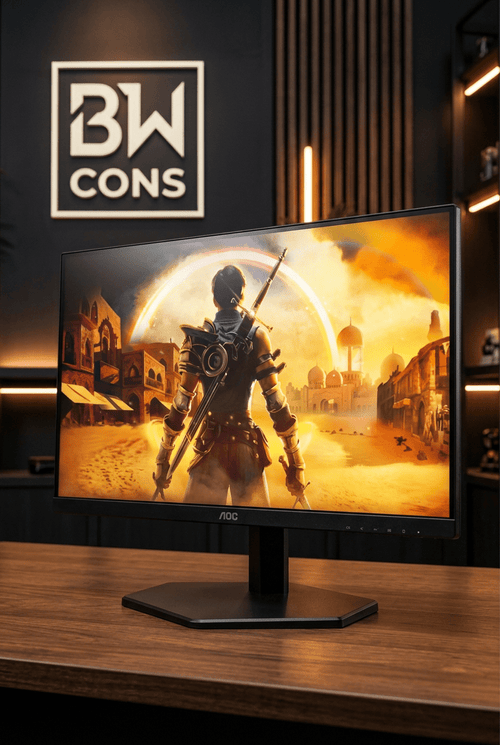 AOC Q27G42XE gaming-skærm set skråt forfra i BW CONS showroom