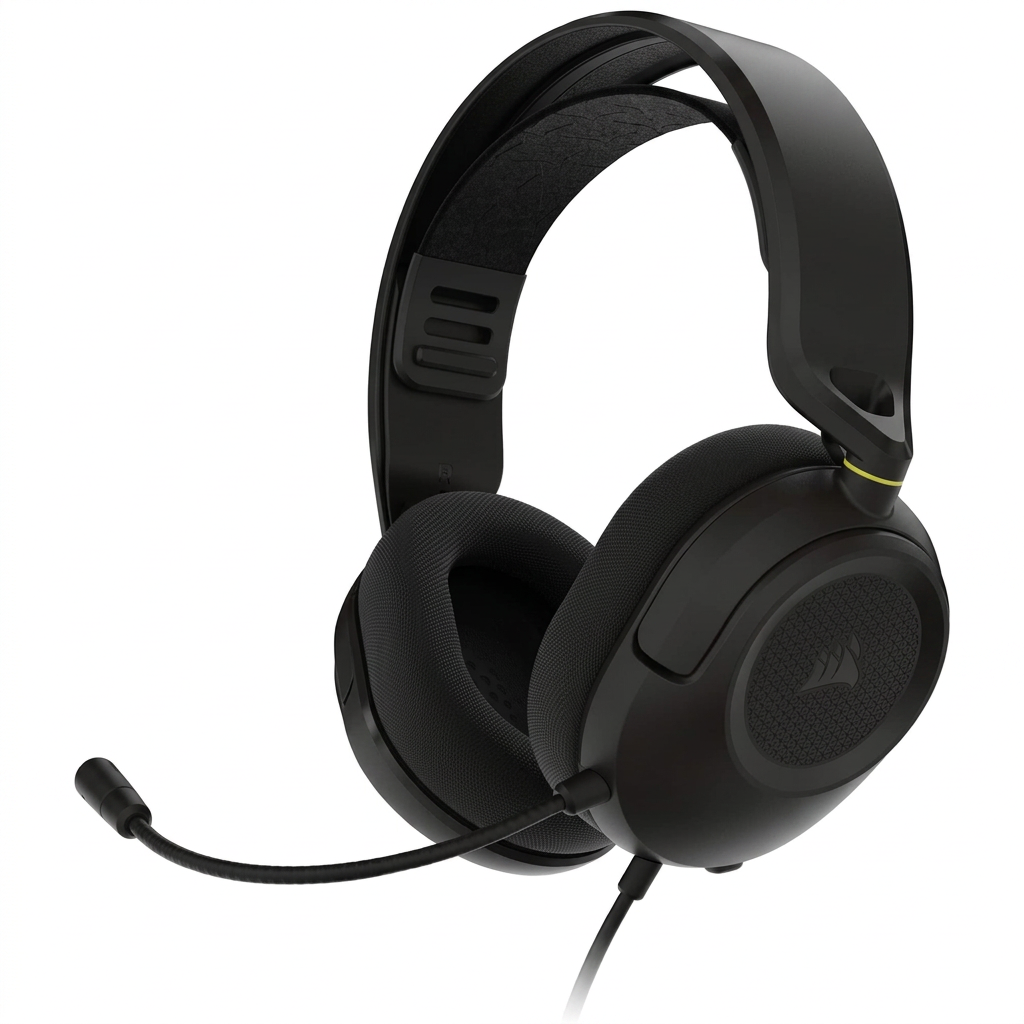 Sort Corsair HS35 V3 gaming-headset med mikrofon og kabel på hvid baggrund