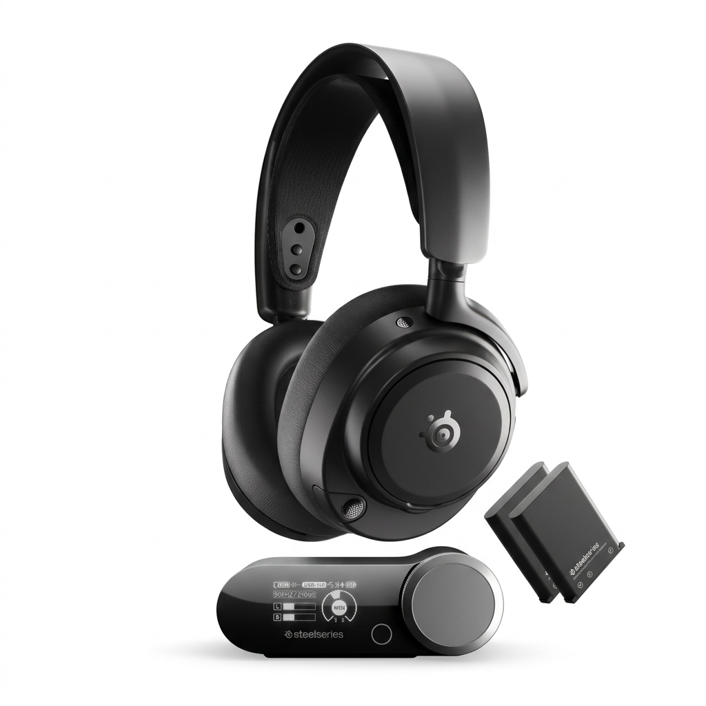 Sort SteelSeries Arctis Nova Pro Omni med GameHub og ekstra batteri på hvid baggrund