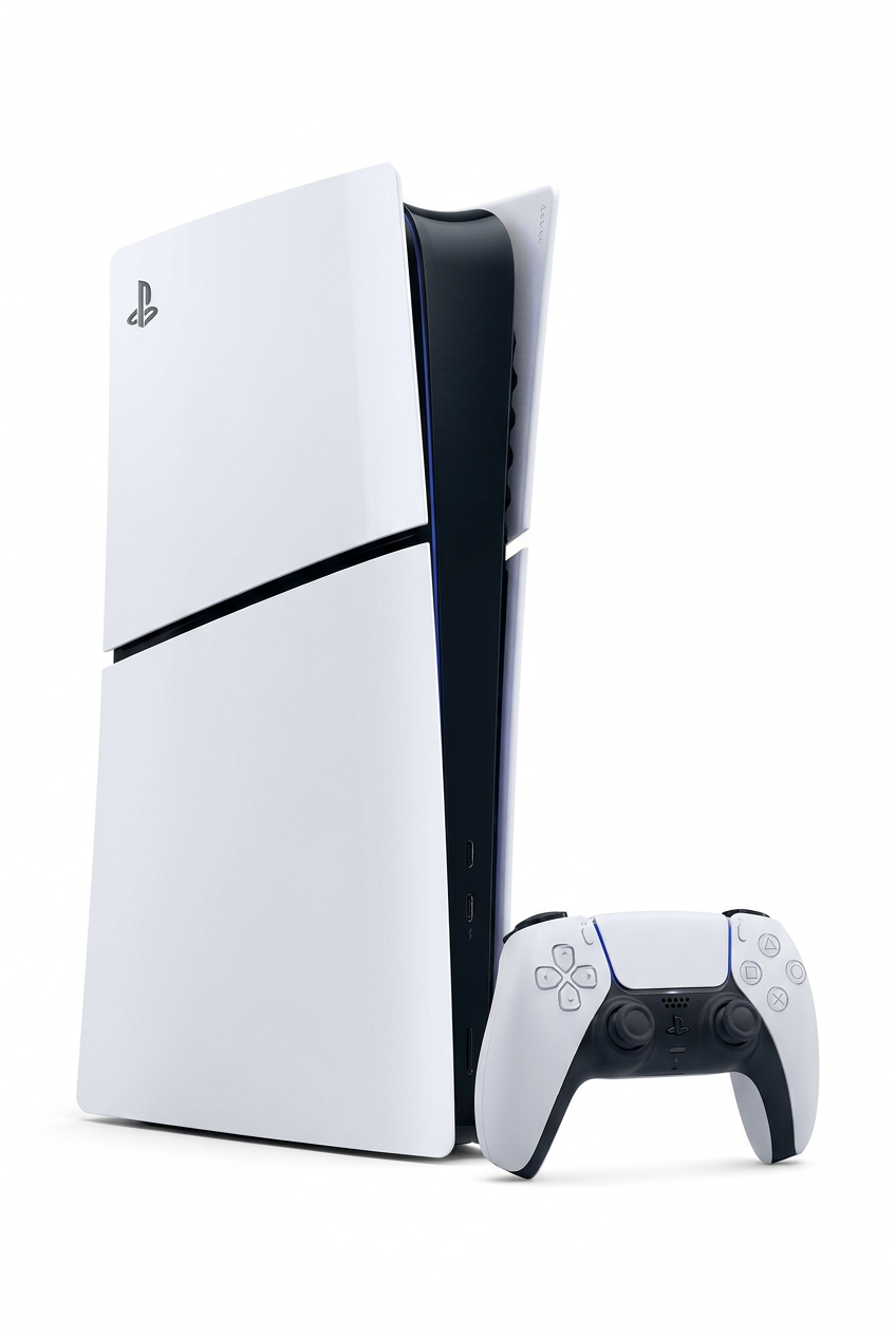 Hvid PlayStation 5 Slim Digital Edition med en hvid DualSense-controller på hvid baggrund