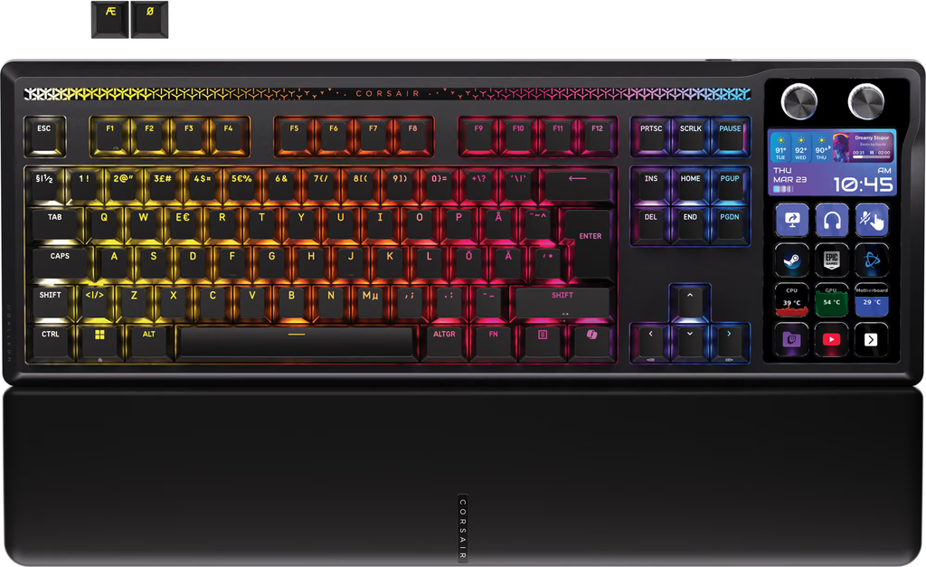 Sort Corsair GALLEON 100 SD med nordisk tastaturlayout, integreret Stream Deck og håndledsstøtte på hvid baggrund