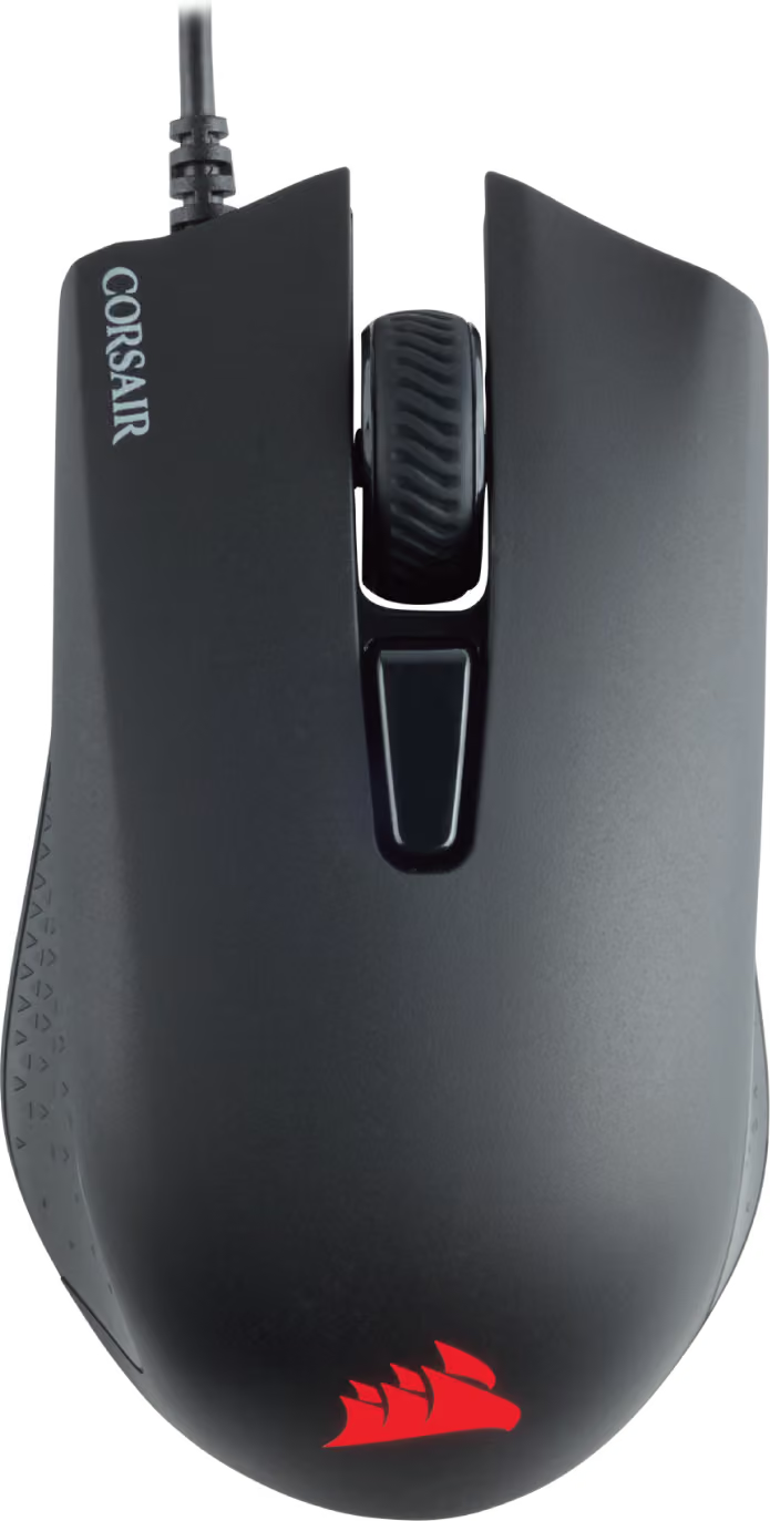 Sort Corsair HARPOON RGB PRO med kabel og rødt logo set ovenfra på hvid baggrund