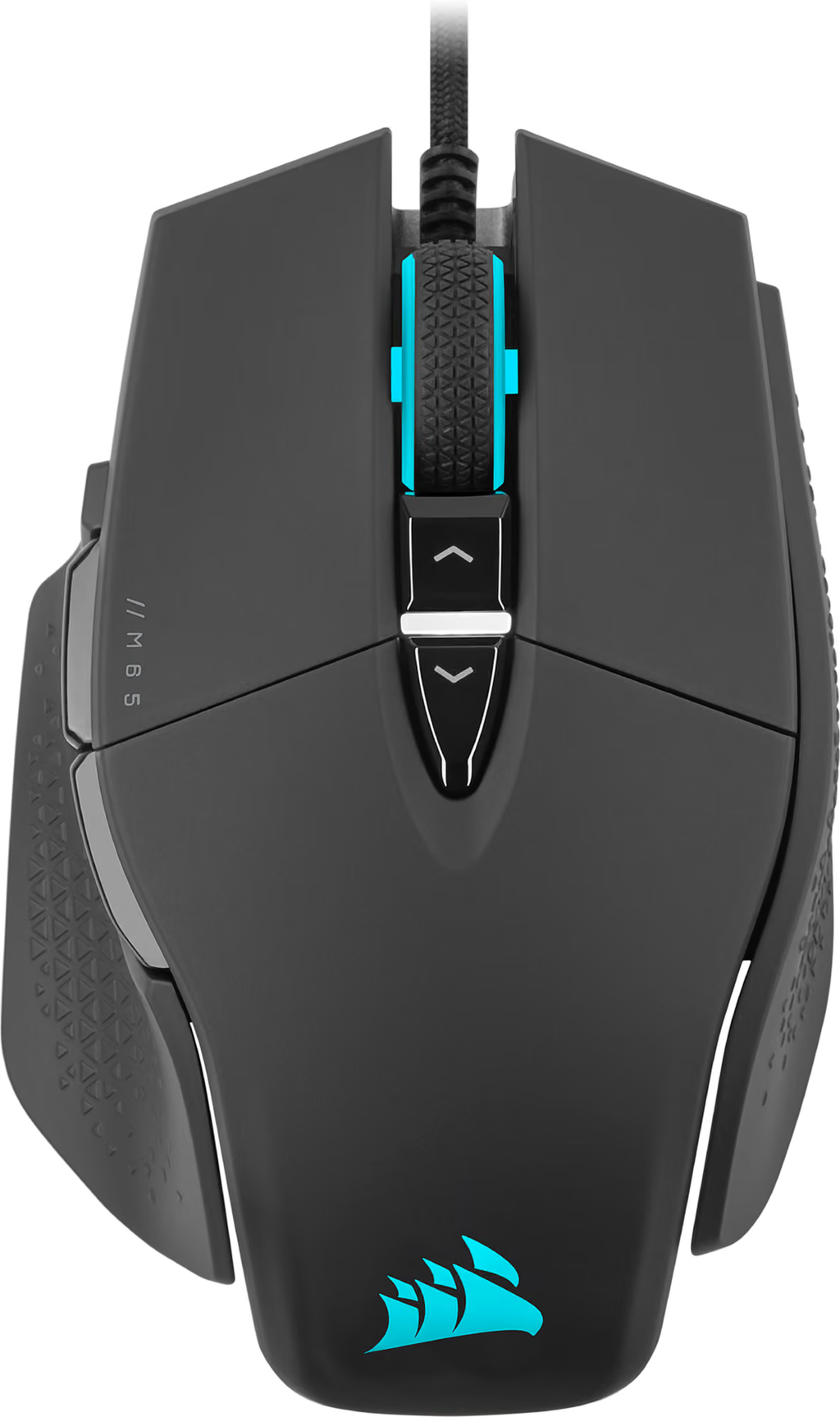 Sort Corsair M65 RGB ULTRA med kabel og cyan belysning set ovenfra på hvid baggrund
