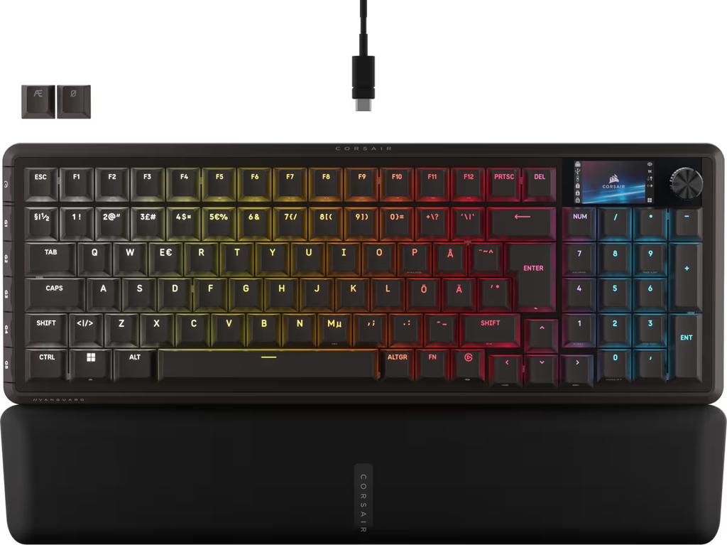 Sort Corsair VANGUARD PRO 96 med nordisk layout, numerisk tastatur og håndledsstøtte på hvid baggrund