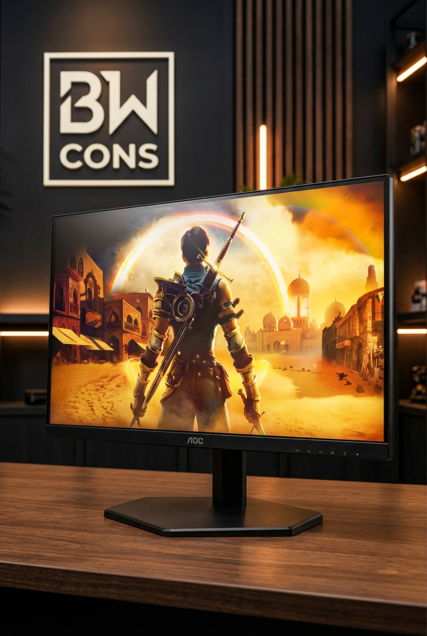 AOC Q27G42XE gaming-skærm set skråt forfra i BW CONS showroom