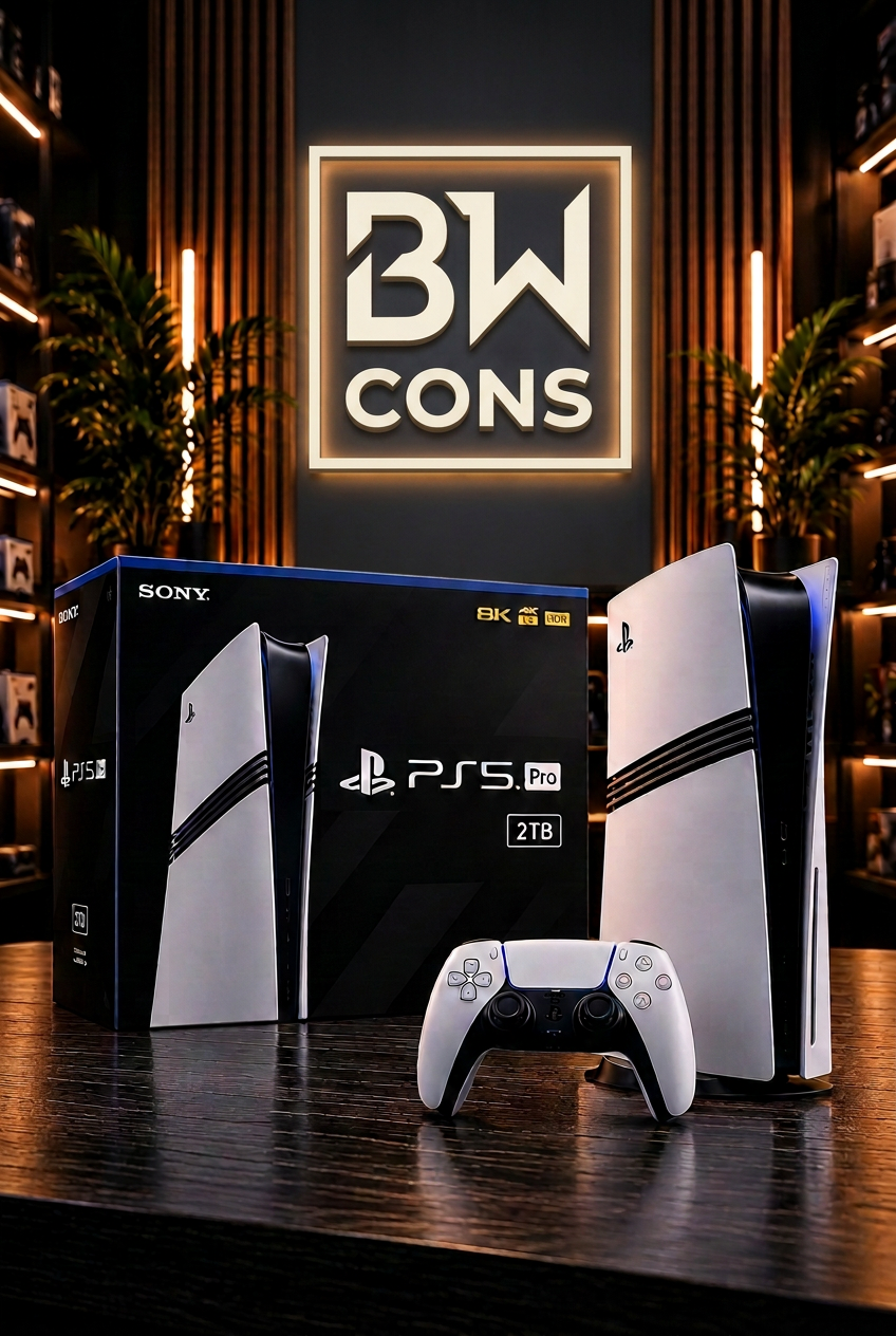 PS5 Pro with Nintendo-reference framed BW CONS logo