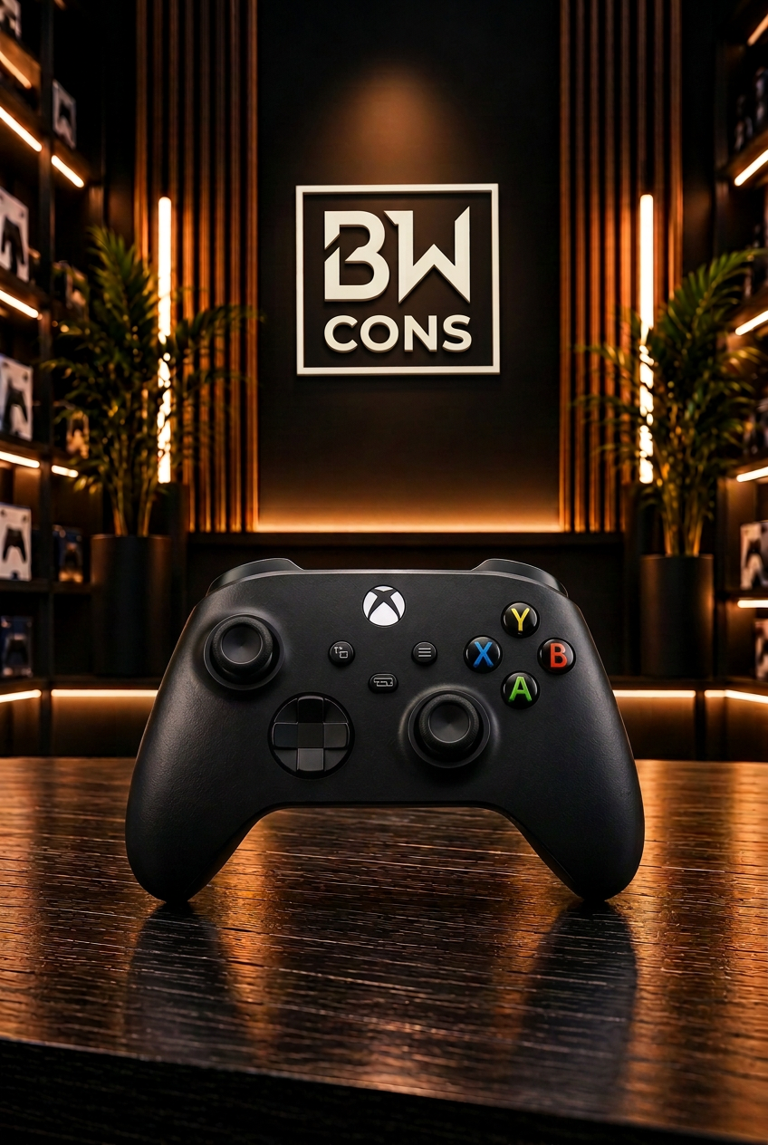 Vertical Xbox controller image with matching BW CONS logo