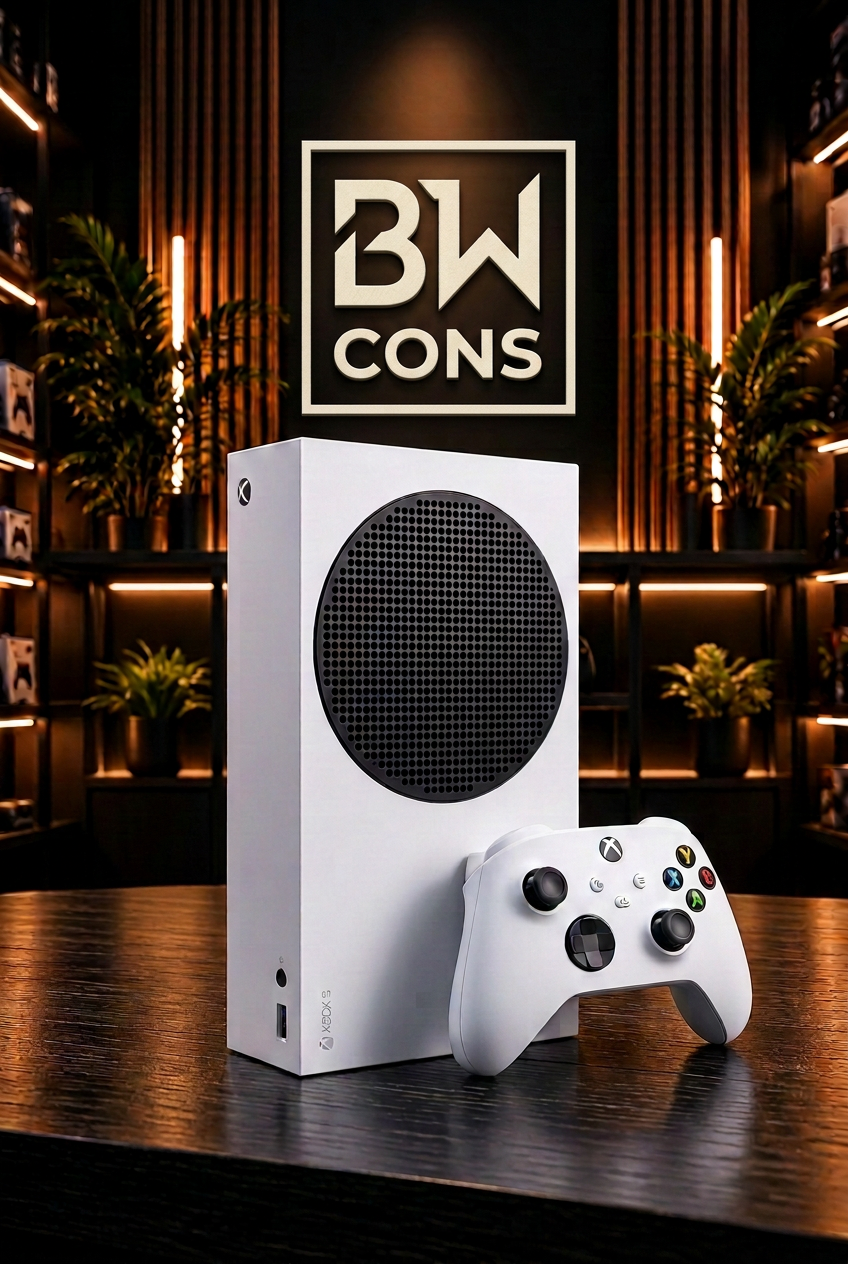 Xbox Series S with Nintendo-reference framed BW CONS logo
