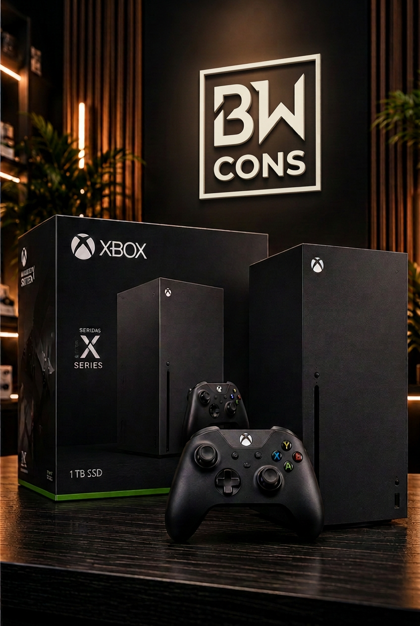Xbox Series X with Nintendo-reference framed BW CONS logo